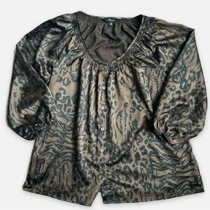 Vintage Express Animal Print Women's Top XS Peasant Blouse Chocolate Brown Black